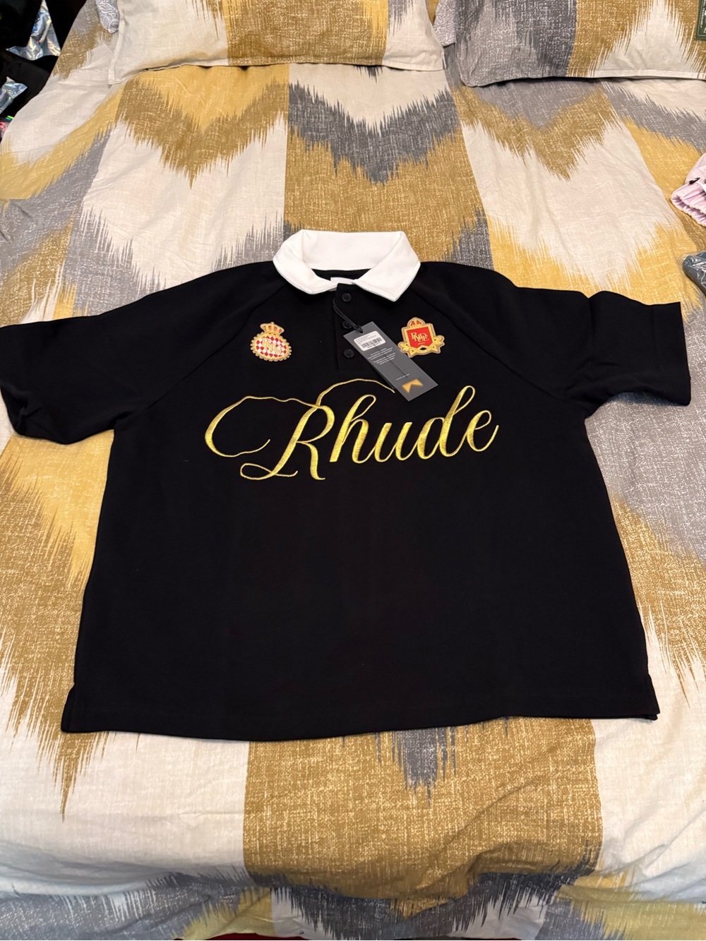 Rhude Men’s Black Polo Top with White Collar and Gold Embroidery